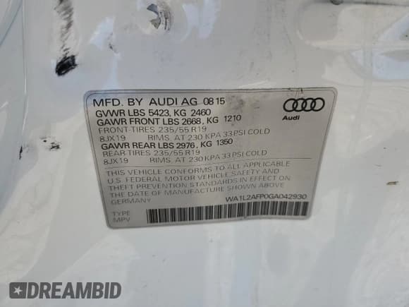 ✅ 2016 Audi Q5 Premium Plus • VIN: WA1L2AFP0GA042930 • Lot: 53956215. Listed on Copart with 106,619 mi. Free auction sales archive from the USA and detailed vehicle history report at DreamBid. Image 14.