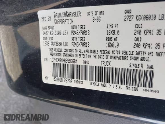 2006 Dodge Dakota SLT with VIN 1D7HE48NX6S596684, listed as a IAAI auction lot 41992956 with 255,526 mi miles and . Bid and sale history available at DreamBid. Image 9.
