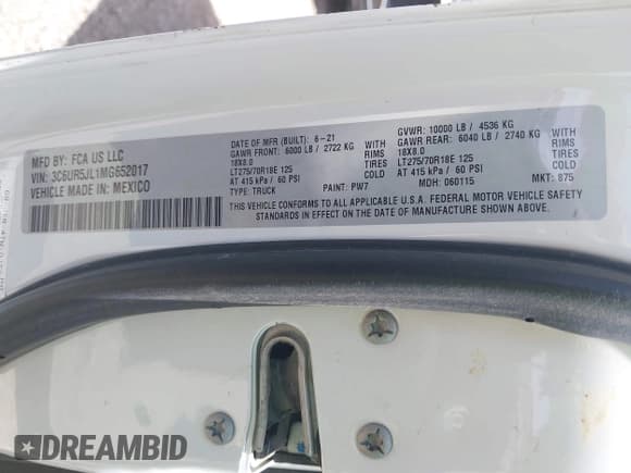 ✅ 2021 Ram 2500 Big Horn • VIN: 3C6UR5JL1MG652017 • Lot: 42251677. Listed on IAAI with 171,560 mi. Free auction sales archive from the USA and detailed vehicle history report at DreamBid. Image 9.