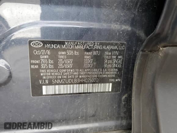 2017 Hyundai Santa Fe 2.4L z VIN 5NMZUDLB3HH025020, wystawiony jako Copart lot #84997425 z przebiegiem 139 041 mil mil oraz Szkoda całkowita • Salvage title. Historia ofert i sprzedaży dostępna na DreamBid. Obrazek 13.