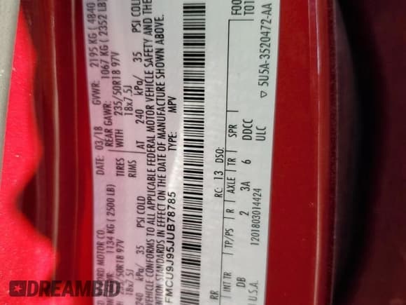 ✅ 2018 Ford Escape Titanium • VIN: 1FMCU9J95JUB78785 • Lot: 84643885. Listed on Copart with 101,631 mi. Free auction sales archive from the USA and detailed vehicle history report at DreamBid. Image 14.