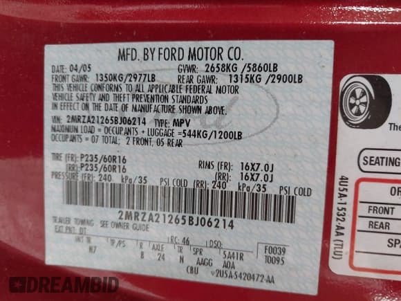 ✅ 2005 Mercury Monterey Convenience • VIN: 2MRZA21265BJ06214 • Lot: 43434647. Listed on IAAI with Not provided. Free auction sales archive from the USA and detailed vehicle history report at DreamBid. Image 9.