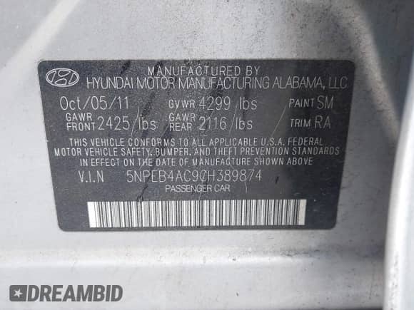 2012 Hyundai Sonata GLS with VIN 5NPEB4AC9CH389874, listed as a IAAI auction lot 43211564 with 151,786 mi miles and . Bid and sale history available at DreamBid. Image 9.