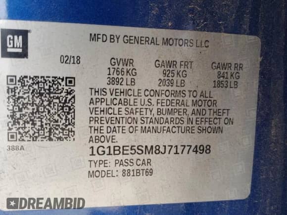 ✅ 2018 Chevrolet Cruze LT • VIN: 1G1BE5SM8J7177498 • Lot: 66875962. Wystawiony na Copart z przebiegiem Nie podano mil. Skorzystaj z bezpłatnego archiwum sprzedaży aukcyjnych z USA i zobacz szczegółowy raport historii pojazdu na DreamBid. Zdjęcie 10.