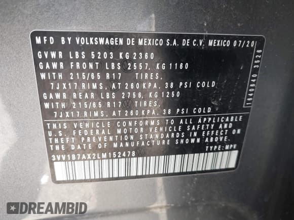 ✅ 2020 Volkswagen Tiguan S • VIN: 3VV1B7AX2LM152478 • Lot: 43059096. Wystawiony na IAAI z przebiegiem 78 481 mil. Bezpłatny archiwum sprzedaży aukcyjnych z USA i szczegółowy raport historii pojazdu na DreamBid. Zdjęcie 9.