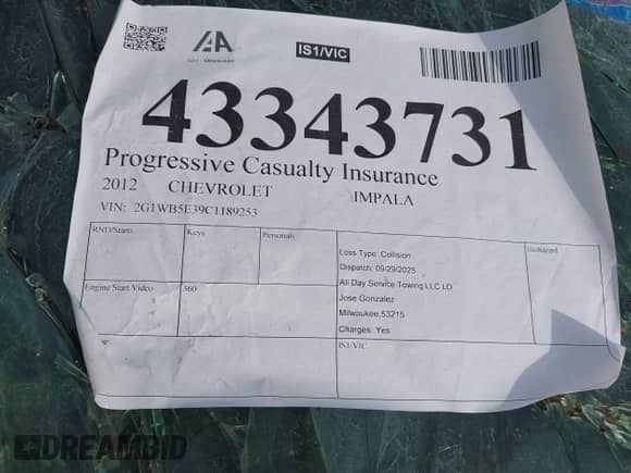 2012 Chevrolet Impala LT Retail с VIN 2G1WB5E39C1189253, выставлен на аукционе IAAI как лот 43343731 с пробегом Не указан миль и . История ставок и продаж доступна на DreamBid. Изображение 9.