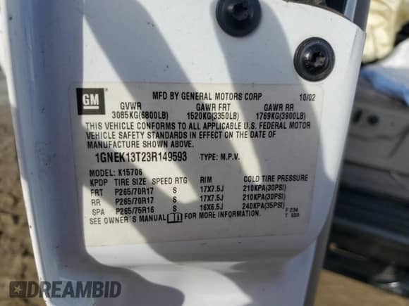 2003 Chevrolet Tahoe Z71 with VIN 1GNEK13T23R149593, listed as a Copart auction lot 62584585 with Not provided miles and Non repairable. Bid and sale history available at DreamBid. Image 12.