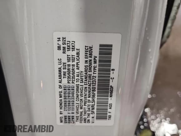 ✅ 2015 Honda Odyssey Touring Elite • VIN: 5FNRL5H96FB012372 • Лот: 70421245. Опубликован ранее на Copart с пробегом 88 191 миль. Бесплатный доступ к архиву аукционных продаж из США и подробный отчёт об истории автомобиля на DreamBid. Изображение 14.