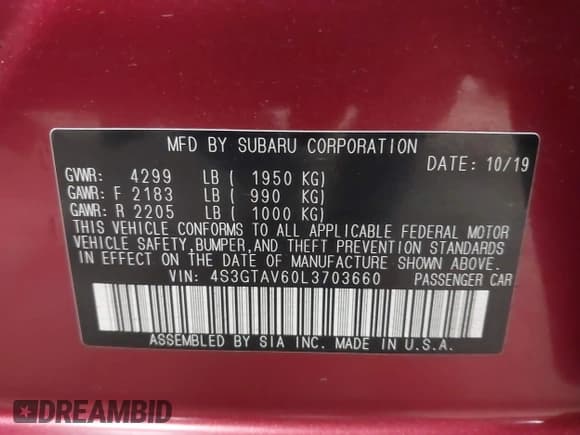✅ 2020 Subaru Impreza Premium • VIN: 4S3GTAV60L3703660 • Lot: 42144714. Listed on IAAI with 66,227 mi. Free auction sales archive from the USA and detailed vehicle history report at DreamBid. Image 9.