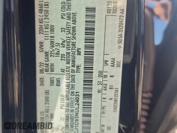 ✅ 2022 Lincoln Corsair Standard • VIN: 5LMCJ1C93NUL24031 • Lot: 87461155. Wystawiony na Copart z przebiegiem 32 686 mil. Bezpłatny archiwum sprzedaży aukcyjnych z USA i szczegółowy raport historii pojazdu na DreamBid. Zdjęcie 12.