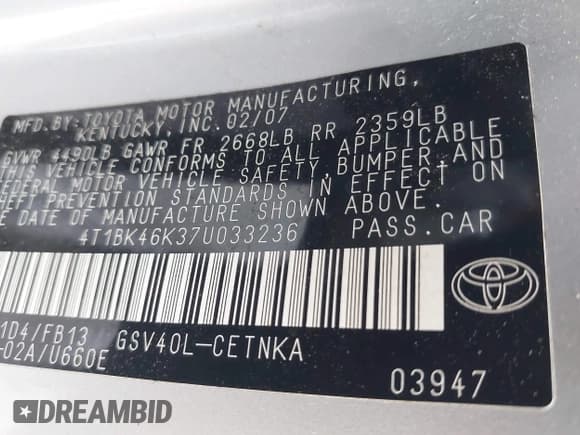 ✅ 2007 Toyota Camry LE • VIN: 4T1BK46K37U033236 • Lot: 42388134. Wystawiony na IAAI z przebiegiem 194 067 mil. Bezpłatny archiwum sprzedaży aukcyjnych z USA i szczegółowy raport historii pojazdu na DreamBid. Zdjęcie 9.