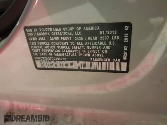 ✅ 2013 Volkswagen Passat SEL Premium • VIN: 1VWCN7A37DC092760 • Lot: 42963701. Listed on IAAI with 100,420 mi. Free auction sales archive from the USA and detailed vehicle history report at DreamBid. Image 9.