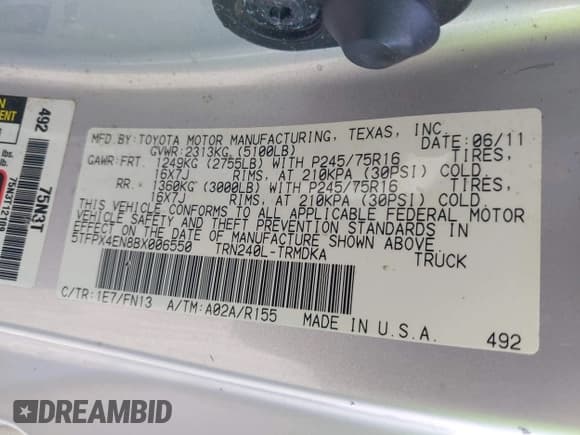 ✅ 2011 Toyota Tacoma • VIN: 5TFPX4EN8BX006550 • Lot: 42051531. Listed on IAAI with 138,480 mi. Free auction sales archive from the USA and detailed vehicle history report at DreamBid. Image 9.