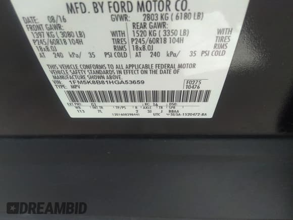 ✅ 2017 Ford Explorer • VIN: 1FM5K8B81HGA53659 • Лот: 36006432. Опубликован ранее на IAAI с пробегом Не указан. Бесплатный доступ к архиву аукционных продаж из США и подробный отчёт об истории автомобиля на DreamBid. Изображение 9.