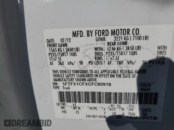 ✅ 2012 Ford F-150 XL • VIN: 1FTFX1CFXCFC60919 • Lot: 86437025. Listed on Copart with 196,908 mi. Free auction sales archive from the USA and detailed vehicle history report at DreamBid. Image 12.