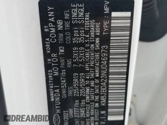 2022 Hyundai Tucson SEL with VIN KM8JBDA23NU046973, listed as a Copart auction lot 59951695 with 50,940 mi miles and Salvage title. Bid and sale history available at DreamBid. Image 14.