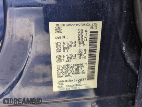 ✅ 2011 Nissan Titan Pro-4X • VIN: 1N6BA0EC3BN322837 • Лот: 60617675. Опубликован ранее на Copart с пробегом 196 657 миль. Бесплатный доступ к архиву аукционных продаж из США и подробный отчёт об истории автомобиля на DreamBid. Изображение 12.