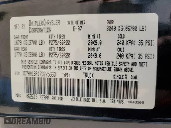 2007 Dodge 1500 SLT с VIN 1D7HA18P17S275663, выставлен на аукционе Copart как лот 70606434 с пробегом 215 688 миль миль и На запчасти • Non repairable. История ставок и продаж доступна на DreamBid. Изображение 12.