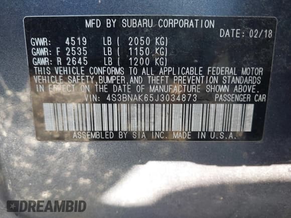 ✅ 2018 Subaru Legacy Limited • VIN: 4S3BNAK65J3034873 • Lot: 43386211. Listed on IAAI with 67,170 mi. Free auction sales archive from the USA and detailed vehicle history report at DreamBid. Image 9.