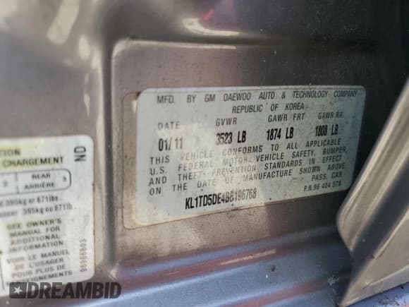 ✅ 2011 Chevrolet Aveo 1LT • VIN: KL1TD5DE4BB196768 • Lot: 51972855. Wystawiony na Copart z przebiegiem Nie podano. Bezpłatny archiwum sprzedaży aukcyjnych z USA i szczegółowy raport historii pojazdu na DreamBid. Zdjęcie 14.