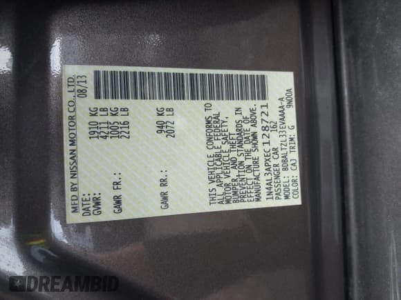 ✅ 2014 Nissan Altima SV • VIN: 1N4AL3APXEC128721 • Lot: 42839370. Listed on IAAI with 134,234 mi. Free auction sales archive from the USA and detailed vehicle history report at DreamBid. Image 9.