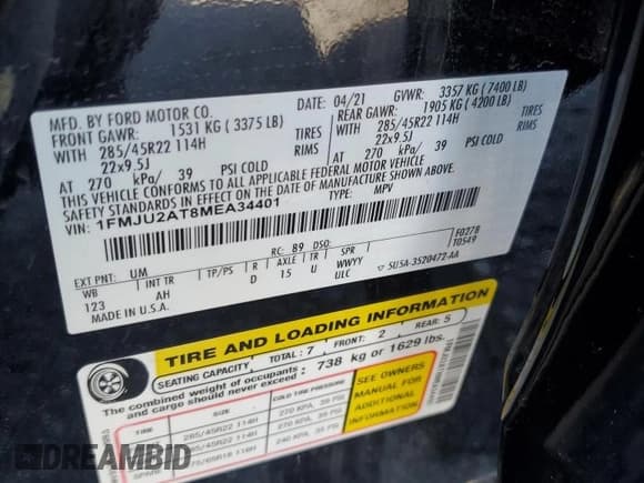 ✅ 2021 Ford Expedition Limited • VIN: 1FMJU2AT8MEA34401 • Lot: 57425295. Listed on Copart with 84,306 mi. Free auction sales archive from the USA and detailed vehicle history report at DreamBid. Image 14.