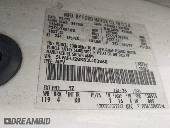 ✅ 2003 Lincoln Navigator Luxury • VIN: 5LMFU28R83LJ03868 • Lot: 42795167. Wystawiony na IAAI z przebiegiem 188 102 mil. Bezpłatny archiwum sprzedaży aukcyjnych z USA i szczegółowy raport historii pojazdu na DreamBid. Zdjęcie 9.