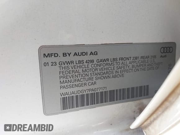 ✅ 2023 Audi A3 Premium • VIN: WAUAUDGY7PA077171 • Лот: 43646687. Опубликован ранее на IAAI с пробегом 52 729 миль. Бесплатный доступ к архиву аукционных продаж из США и подробный отчёт об истории автомобиля на DreamBid. Изображение 9.