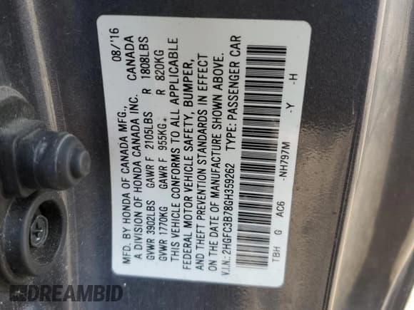 ✅ 2016 Honda Civic EX-L • VIN: 2HGFC3B78GH359262 • Лот: 53261885. Опубликован ранее на Copart с пробегом Не указан. Бесплатный доступ к архиву аукционных продаж из США и подробный отчёт об истории автомобиля на DreamBid. Изображение 12.