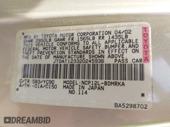 ✅ 2002 Toyota ECHO • VIN: JTDAT123320245936 • Lot: 42904392. Wystawiony na IAAI z przebiegiem 134 751 mil. Bezpłatny archiwum sprzedaży aukcyjnych z USA i szczegółowy raport historii pojazdu na DreamBid. Zdjęcie 9.