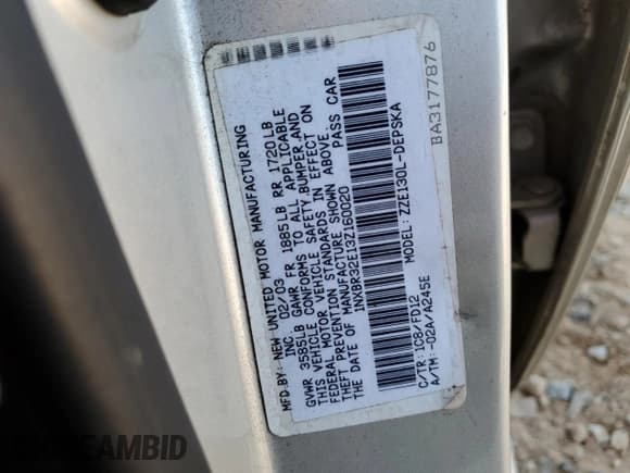 ✅ 2003 Toyota Corolla S • VIN: 1NXBR32E13Z160020 • Lot: 92183545. Wystawiony na Copart z przebiegiem 167 413 mil. Bezpłatny archiwum sprzedaży aukcyjnych z USA i szczegółowy raport historii pojazdu na DreamBid. Zdjęcie 12.