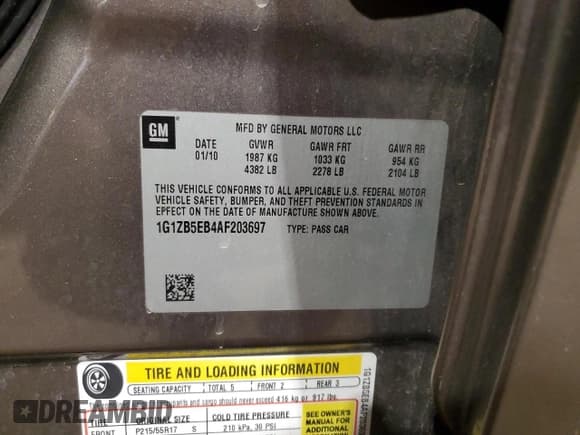 ✅ 2010 Chevrolet Malibu 1LS • VIN: 1G1ZB5EB4AF203697 • Lot: 73420834. Listed on Copart with 103,662 mi. Free auction sales archive from the USA and detailed vehicle history report at DreamBid. Image 15.