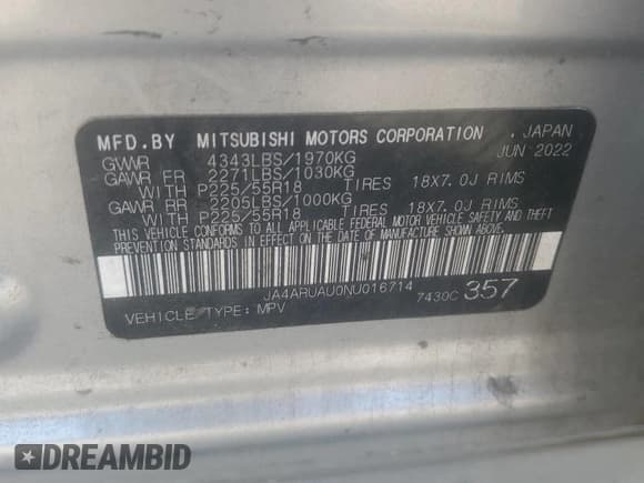 ✅ 2022 Mitsubishi Outlander ES • VIN: JA4ARUAU0NU016714 • Lot: 91482495. Wystawiony na Copart z przebiegiem 145 920 mil. Bezpłatny archiwum sprzedaży aukcyjnych z USA i szczegółowy raport historii pojazdu na DreamBid. Zdjęcie 14.