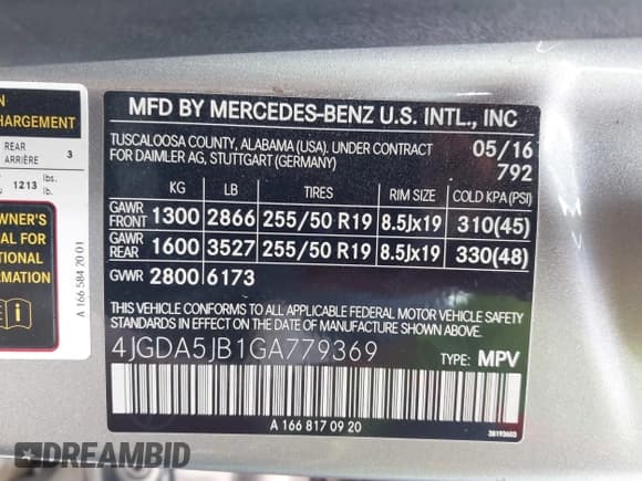 ✅ 2016 Mercedes-Benz GLE 350 • VIN: 4JGDA5JB1GA779369 • Lot: 43432756. Listed on IAAI with 97,493 mi. Free auction sales archive from the USA and detailed vehicle history report at DreamBid. Image 9.