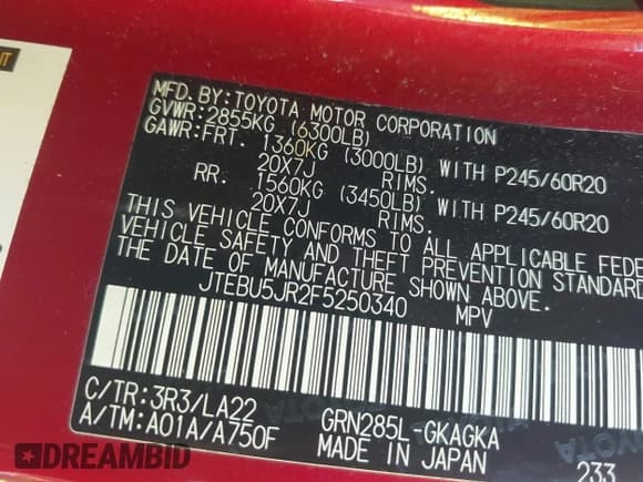 ✅ 2015 Toyota 4Runner Limited • VIN: JTEBU5JR2F5250340 • Lot: 43228223. Listed on IAAI with 145,354 mi. Free auction sales archive from the USA and detailed vehicle history report at DreamBid. Image 9.