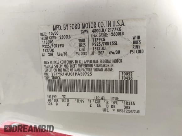 ✅ 2001 Ford Ranger XL • VIN: 1FTYR14U01PA39725 • Lot: 43623801. Listed on IAAI with 224,245 mi. Free auction sales archive from the USA and detailed vehicle history report at DreamBid. Image 9.