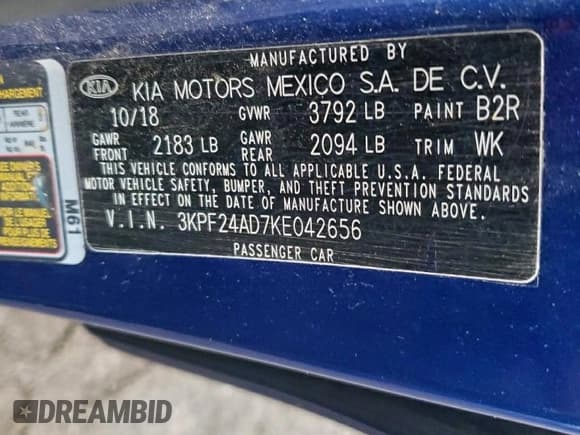 ✅ 2019 Kia Forte LXS • VIN: 3KPF24AD7KE042656 • Lot: 93550725. Listed on Copart with 99,791 mi. Free auction sales archive from the USA and detailed vehicle history report at DreamBid. Image 12.