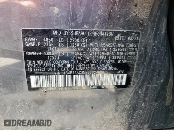 ✅ 2021 Subaru Outback • VIN: 4S4BTAAC9M3228240 • Lot: 58339085. Listed on Copart with Not provided. Free auction sales archive from the USA and detailed vehicle history report at DreamBid. Image 12.