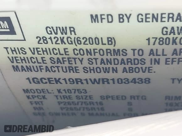 ✅ 1998 Chevrolet Silverado 1500 • VIN: 1GCEK19R1WR103438 • Lot: 43219836. Listed on IAAI with 98,590 mi. Free auction sales archive from the USA and detailed vehicle history report at DreamBid. Image 9.