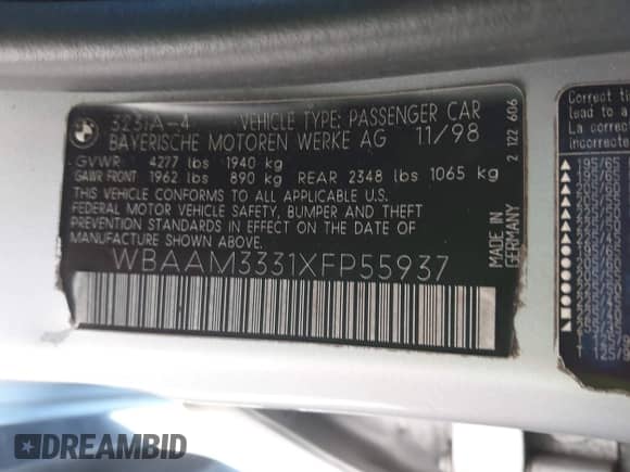 1999 BMW 3 Series 323i с VIN WBAAM3331XFP55937, выставлен на аукционе IAAI как лот 42997051 с пробегом 169 026 миль миль и . История ставок и продаж доступна на DreamBid. Изображение 9.