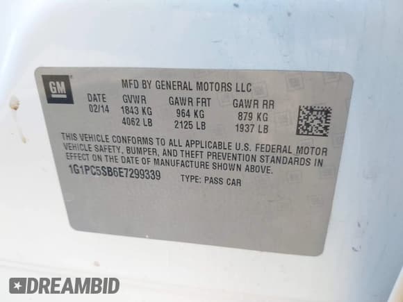 ✅ 2014 Chevrolet Cruze 1LT • VIN: 1G1PC5SB6E7299339 • Lot: 43680374. Listed on IAAI with 98,677 mi. Free auction sales archive from the USA and detailed vehicle history report at DreamBid. Image 9.