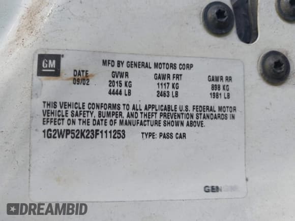 ✅ 2003 Pontiac Grand Prix GT • VIN: 1G2WP52K23F111253 • Лот: 42716895. Опубликован ранее на IAAI с пробегом 223 969 миль. Бесплатный доступ к архиву аукционных продаж из США и подробный отчёт об истории автомобиля на DreamBid. Изображение 9.