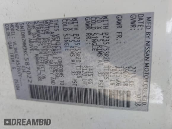 ✅ 2019 Nissan Pathfinder SV • VIN: 5N1DR2MM9KC587022 • Lot: 42436626. Listed on IAAI with 94,467 mi. Free auction sales archive from the USA and detailed vehicle history report at DreamBid. Image 9.