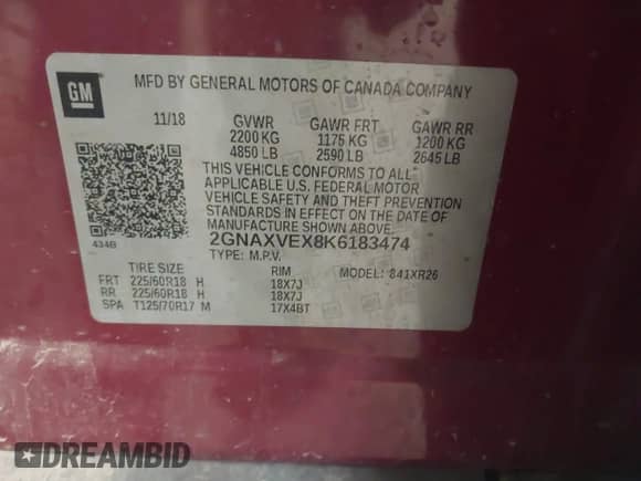 2019 Chevrolet Equinox LT with VIN 2GNAXVEX8K6183474, listed as a IAAI auction lot 43213209 with 65,475 mi miles and . Bid and sale history available at DreamBid. Image 9.