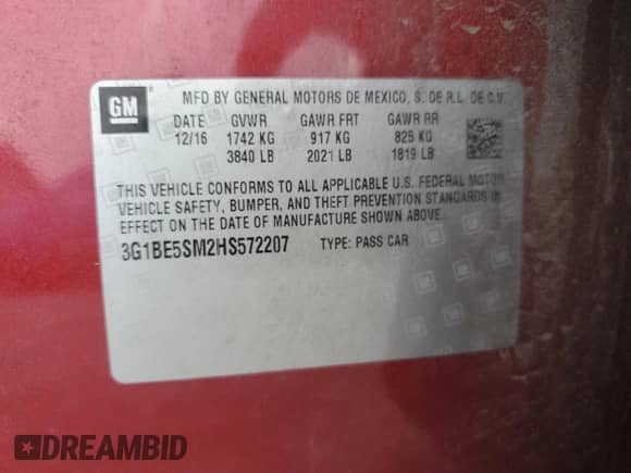 ✅ 2017 Chevrolet Cruze LT • VIN: 3G1BE5SM2HS572207 • Лот: 90628145. Опубликован ранее на Copart с пробегом Не указан. Бесплатный доступ к архиву аукционных продаж из США и подробный отчёт об истории автомобиля на DreamBid. Изображение 12.