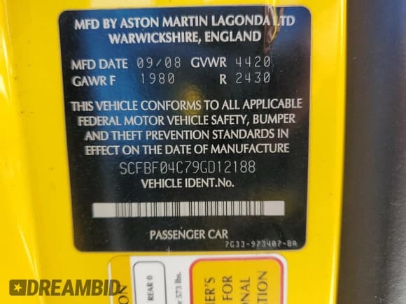✅ 2009 Aston Martin Vantage • VIN: SCFBF04C79GD12188 • Lot: 87624085. Wystawiony na Copart z przebiegiem 29 580 mil. Bezpłatny archiwum sprzedaży aukcyjnych z USA i szczegółowy raport historii pojazdu na DreamBid. Zdjęcie 13.