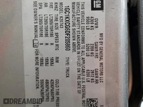 ✅ 2013 Chevrolet Silverado 2500HD LT • VIN: 1GC1KXCG6DF205860 • Lot: 70763665. Listed on Copart with 277,813 mi. Free auction sales archive from the USA and detailed vehicle history report at DreamBid. Image 13.