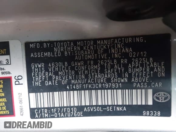 ✅ 2012 Toyota Camry XLE • VIN: 4T4BF1FK3CR197931 • Lot: 43767356. Listed on IAAI with 252,204 mi. Free auction sales archive from the USA and detailed vehicle history report at DreamBid. Image 9.