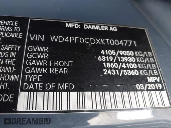✅ 2019 Mercedes-Benz Sprinter Cargo • VIN: WD4PF0CDXKT004771 • Lot: 43133016. Listed on IAAI with 2 mi. Free auction sales archive from the USA and detailed vehicle history report at DreamBid. Image 9.