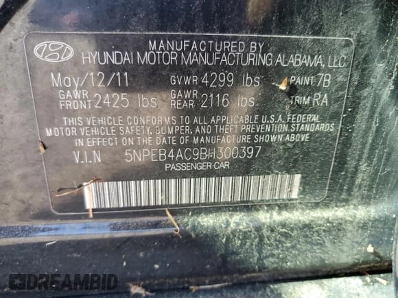 ✅ 2011 Hyundai Sonata GLS • VIN: 5NPEB4AC9BH300397 • Lot: 73429244. Listed on Copart with 215,660 mi. Free auction sales archive from the USA and detailed vehicle history report at DreamBid. Image 12.